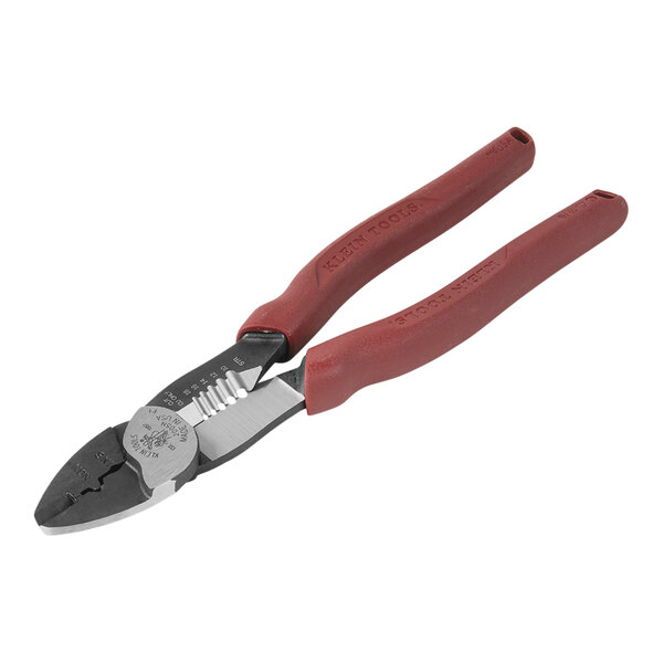 Klein Tools Forged Steel Wire Crimper / Cutter / Stripper Multi-Tool with red handles.