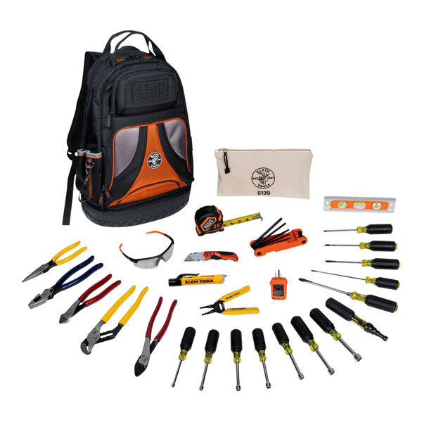 A black and orange Klein Tools backpack with tools inside.