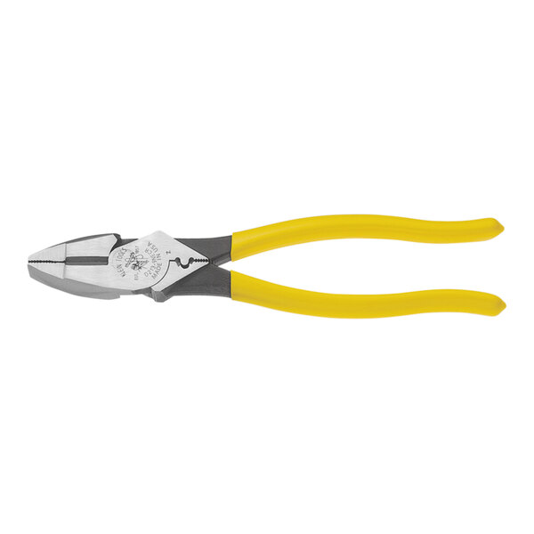 Klein Tools yellow and black high-leverage side cutting pliers with a yellow handle.