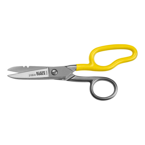 Klein Tools stainless steel free-fall snip scissors with a yellow handle.