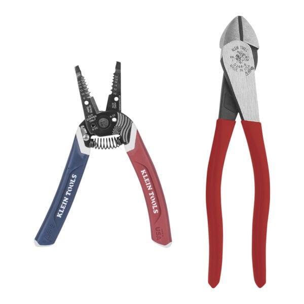 A pair of Klein Tools diagonal pliers with red handles and a pair of Klein-Kurve wire strippers with blue handles.