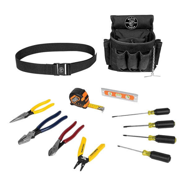 A black tool bag with Klein Tools in it holding a 12-piece tool kit.