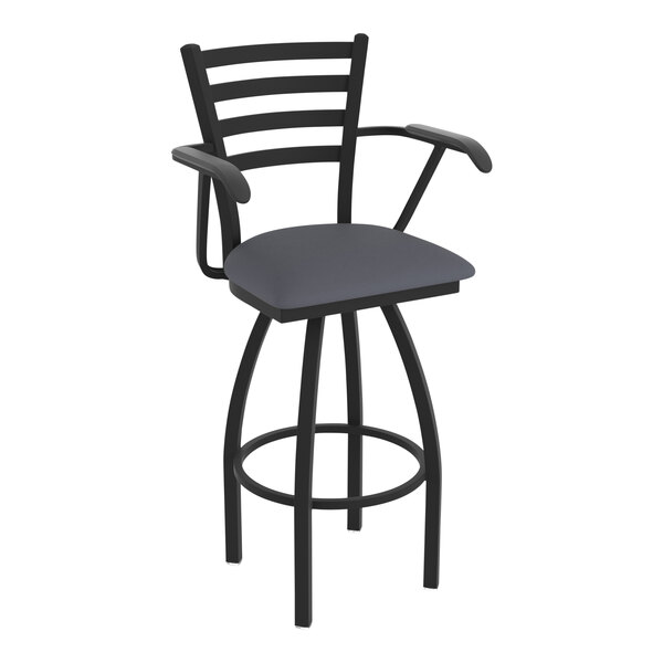 A Holland Bar Stool Jackie Ladderback swivel bar stool with black wrinkle finish and a Canter Storm vinyl seat.