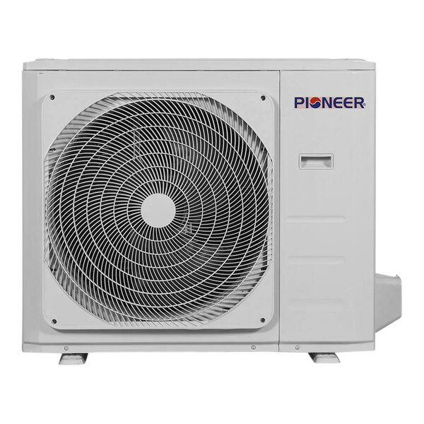 A white Pioneer multi-zone mini-split condenser with a fan and the words "Pioneer" on it.