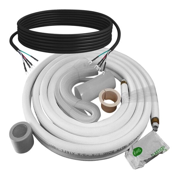 A plastic bag containing white and black hoses, copper pipes, and tubes.