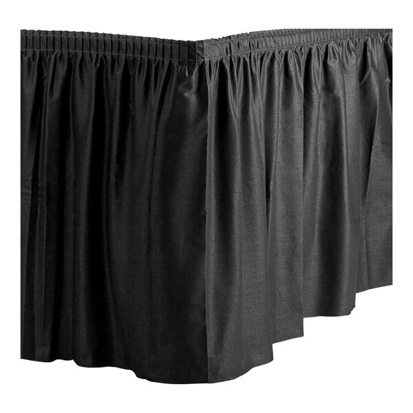 A black Table Mate shirred pleat table skirt with a ruffled edge.