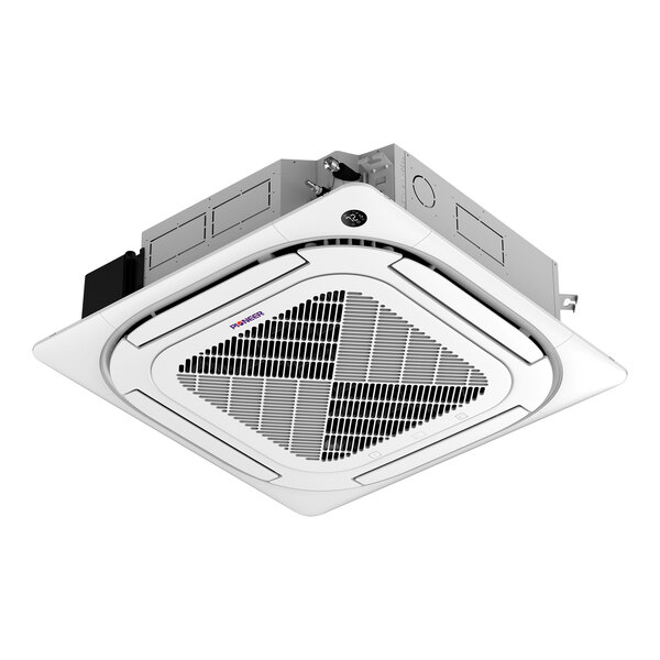 A white Pioneer ceiling mounted mini split air conditioner with a black fan.