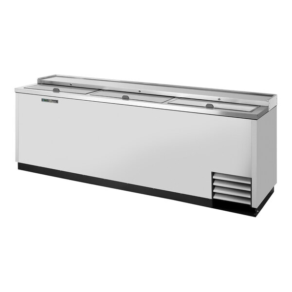 A True stainless steel horizontal bottle cooler with a lid.