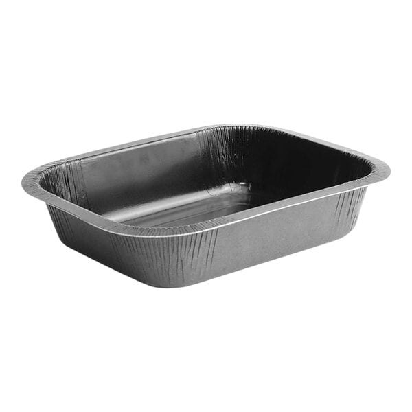 A black rectangular Solut Bake and Show paperboard pan with a clear lid.