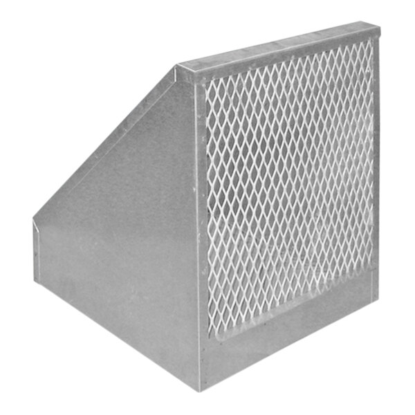 A silver metal box with a grid and mesh.