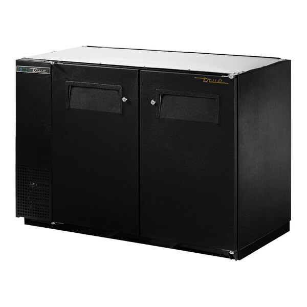 A black True back bar refrigerator with two doors.