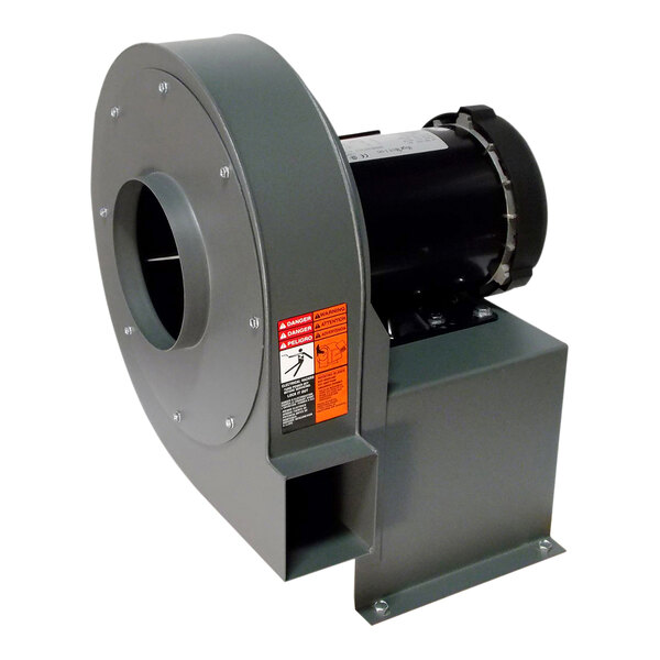 A grey metal Canarm direct drive pressure blower with a black round vent.