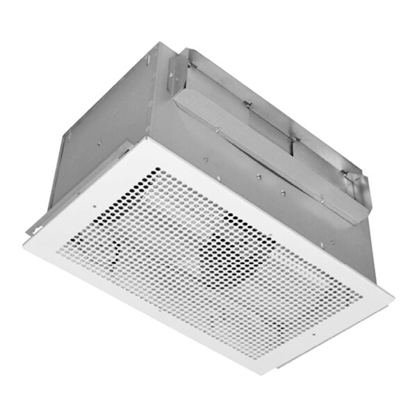 A white rectangular Canarm commercial bathroom fan with a metal vent.
