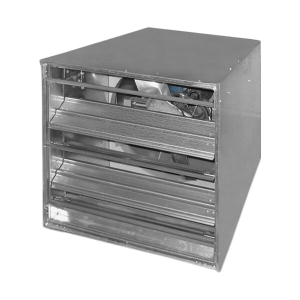 A metal box with a vent and a Canarm SXB24 Series Belt Drive Wall Fan.