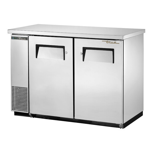A stainless steel True back bar refrigerator with two doors.