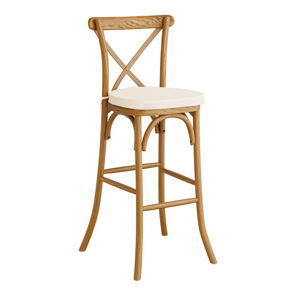 Lancaster Table & Seating Vineyard Series Vintage Outdoor Cross Back Bar Stool with 2" Ivory Linen Cushion
