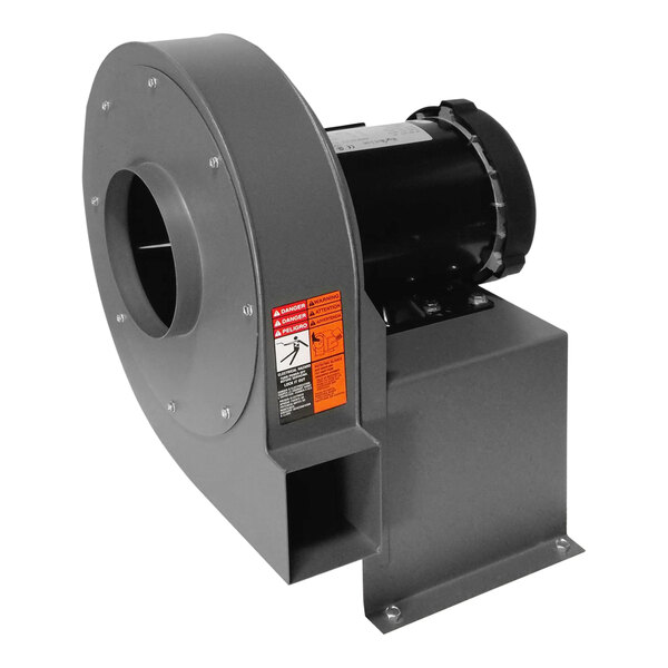 A grey metal Canarm PW Series direct drive pressure blower with a black round cap.