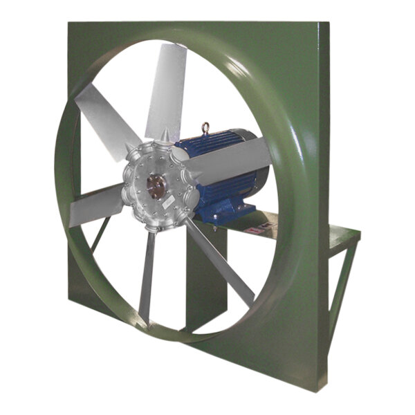 A large green Canarm industrial wall fan with a blue motor.
