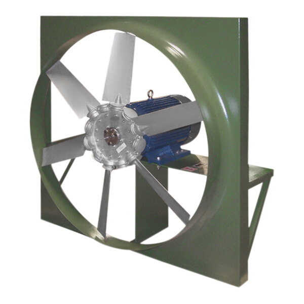 A green metal Canarm industrial fan with a blue motor.