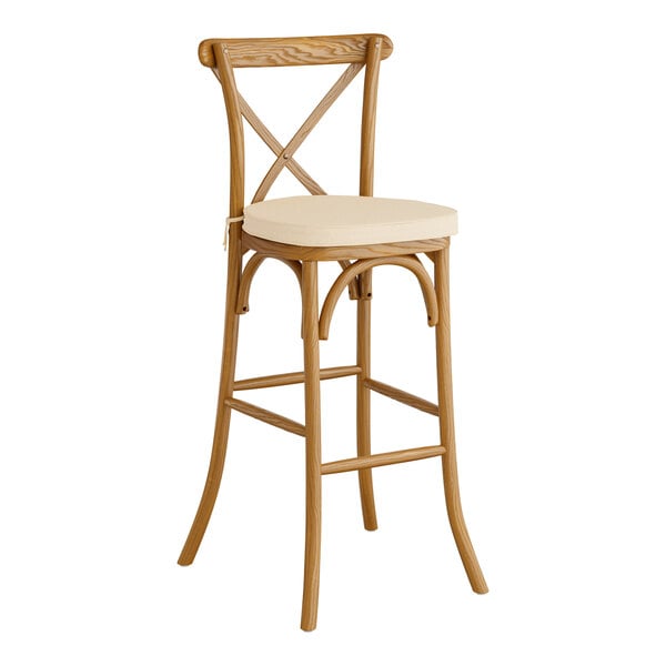 Lancaster Table & Seating Vineyard Series Vintage Outdoor Cross Back Bar Stool with 2" Beige Linen Cushion