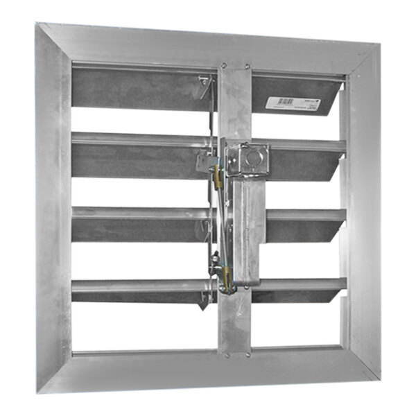 A metal square motorized shutter damper with four metal doors.