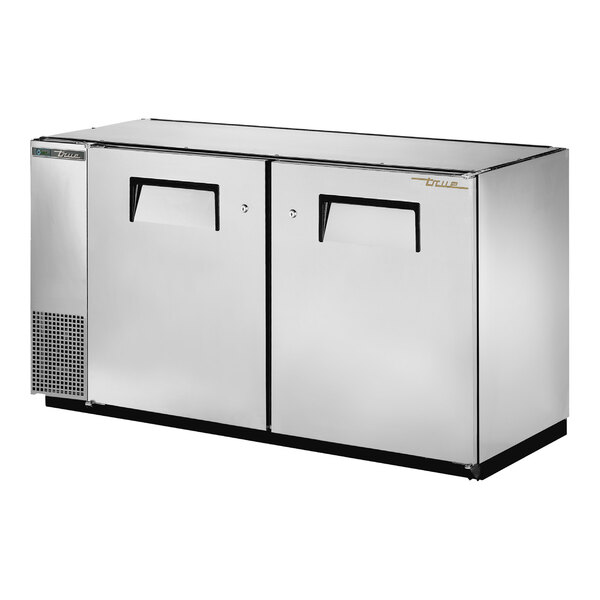 A stainless steel True back bar refrigerator with two solid doors.