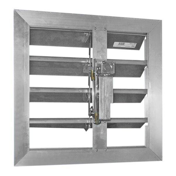 A metal square Canarm motorized backdraft damper with metal doors.