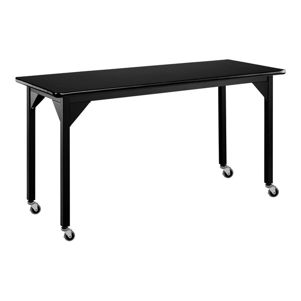 A black rectangular table with casters.