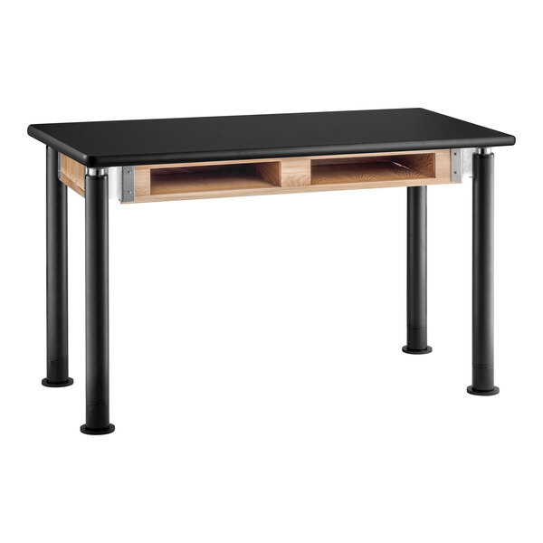 A National Public Seating science lab table with a black high-pressure laminate top and black legs.