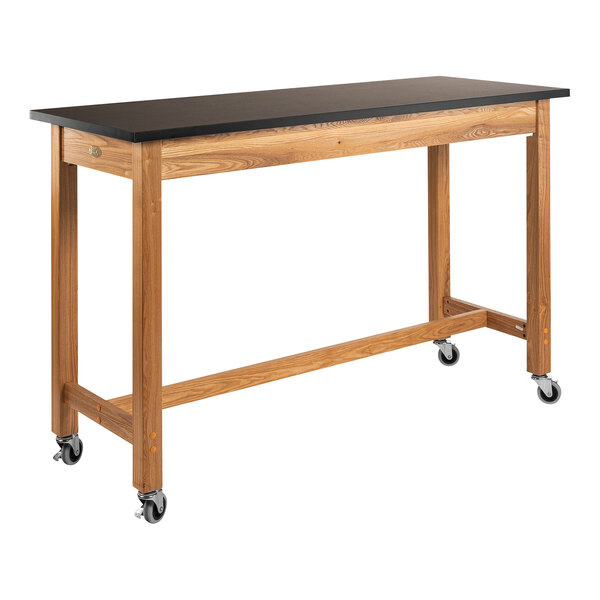 A National Public Seating wood science lab table with casters on it.