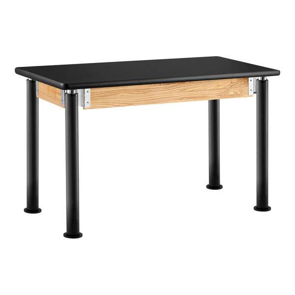 A National Public Seating black rectangular science lab table with black legs.