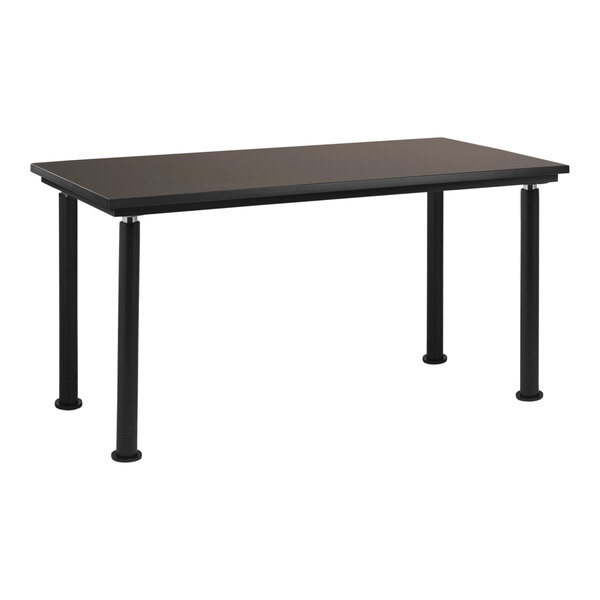 A black rectangular National Public Seating science lab table with metal legs and a black top.
