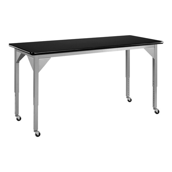 A gray rectangular table with wheels.