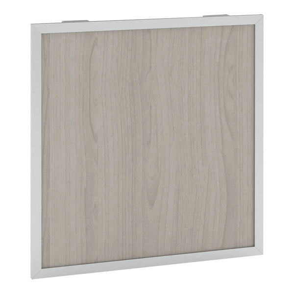 A white oak laminate side panel with a silver metal frame.