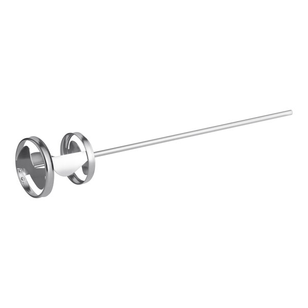 A stainless steel Midwest Rake Jiffy-Style Mixer with a metal handle.