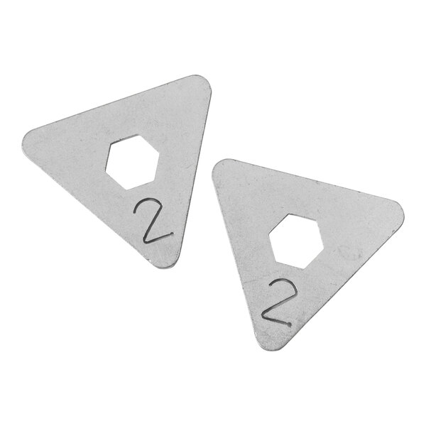 Two Midwest Rake metal triangle CAM fittings.