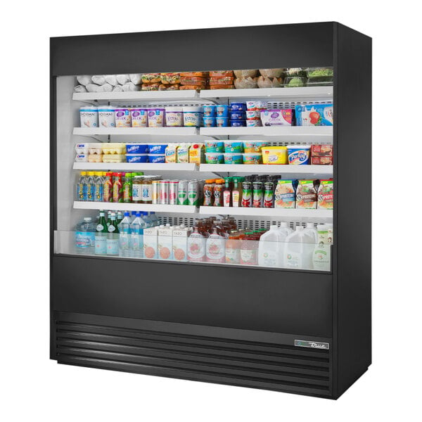 A True 72" Refrigerated Air Curtain Merchandiser with a variety of products including drinks and beverages.