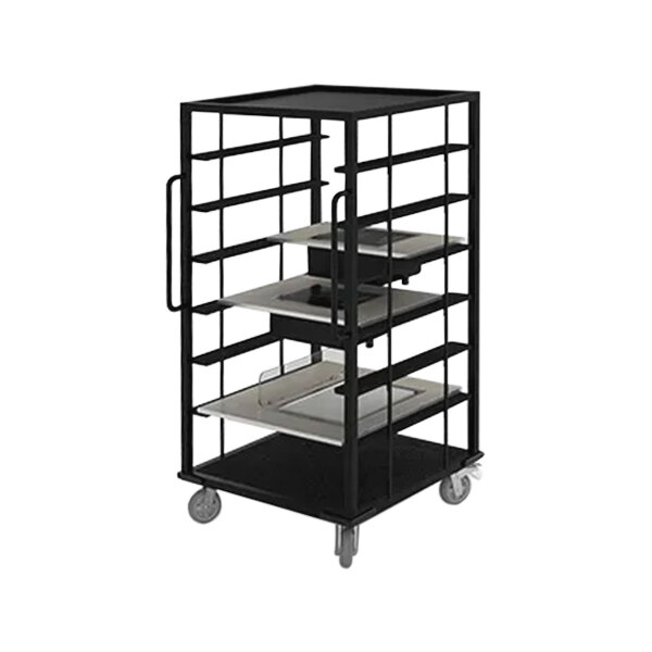 A black metal Bon Chef transport and storage cart with shelves.