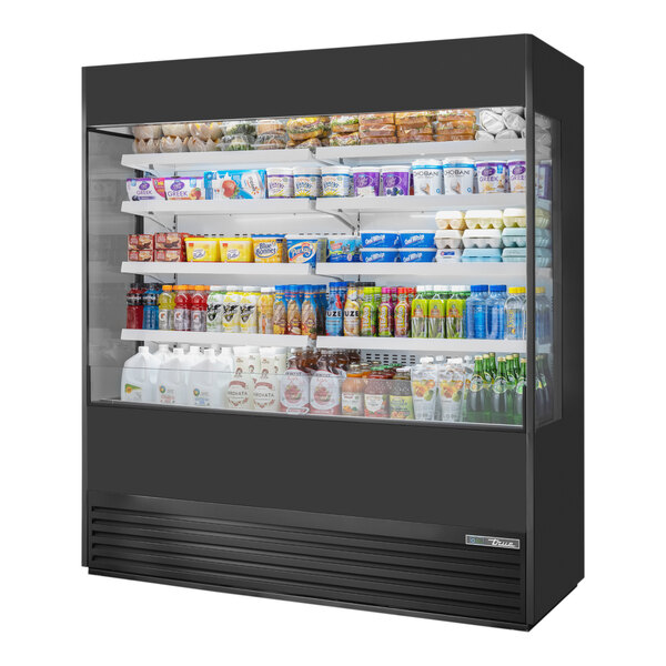 A True refrigerated air curtain merchandiser with glass sides displaying a variety of food.