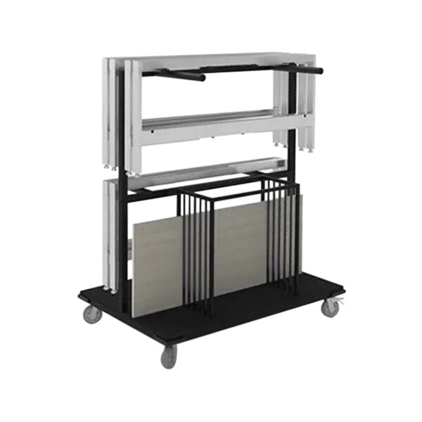 A black and white Bon Chef transport cart with metal racks on it.
