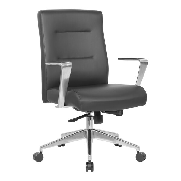 A Boss black office chair with fixed silver aluminum arms.
