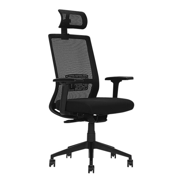 A black Boss office chair with a black mesh back and armrests.