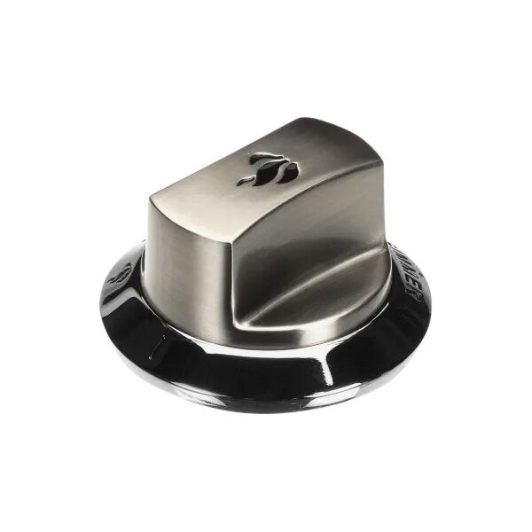 A silver and black American Range burner valve knob.