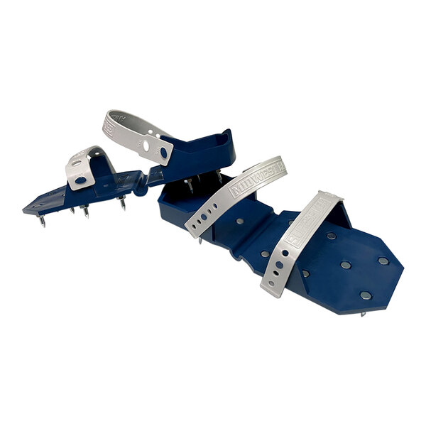 A pair of blue and silver spiked overshoe holders with Midwest Rake spiked overshoes inside.
