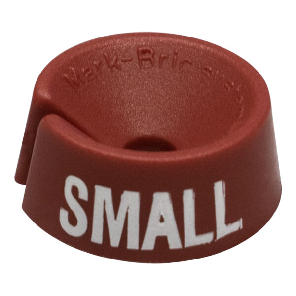 A small red plastic size marker with white text that reads "small"