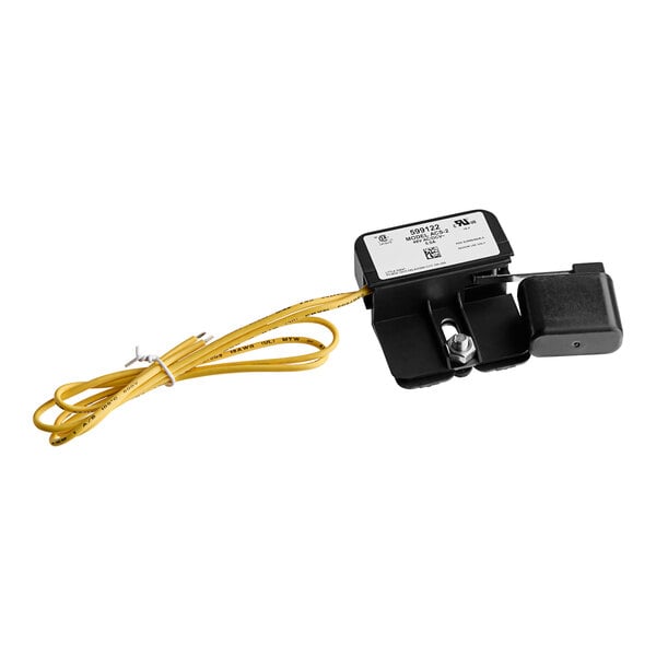 A black Little Giant condensate overflow safety switch with a yellow wire and a white label.