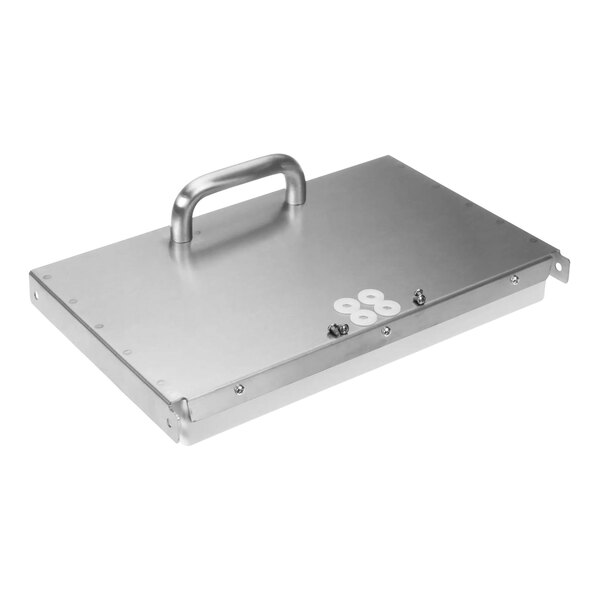 A silver metal door assembly with a handle for an Amana Menumaster commercial microwave.