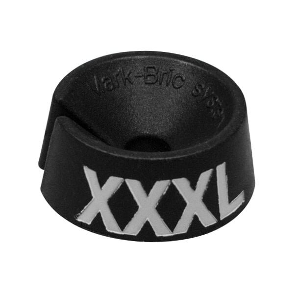 A black and white circular size marker with white text reading "XXXL"