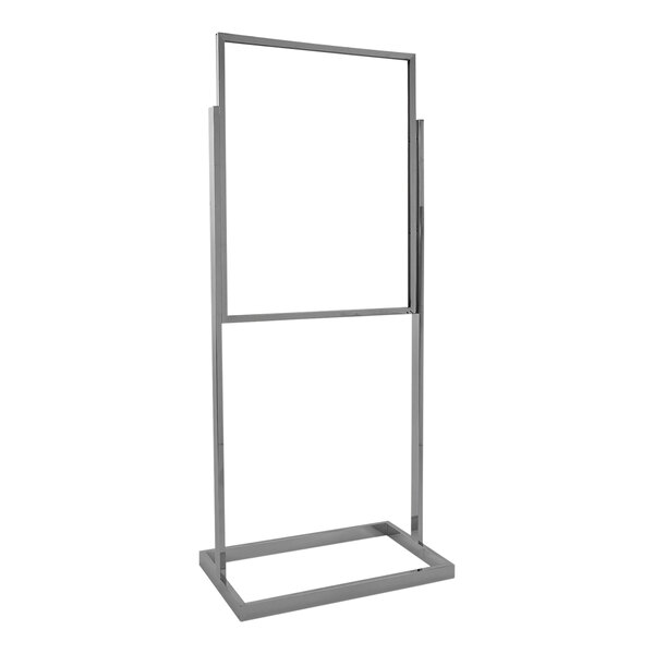 A chrome rectangular metal sign holder with a rectangular metal frame.