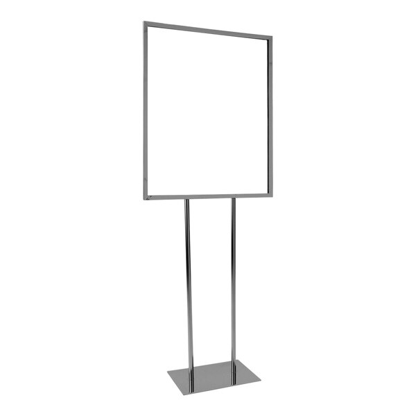 A Chrome rectangular metal sign holder on twin metal stems holding a white sign.